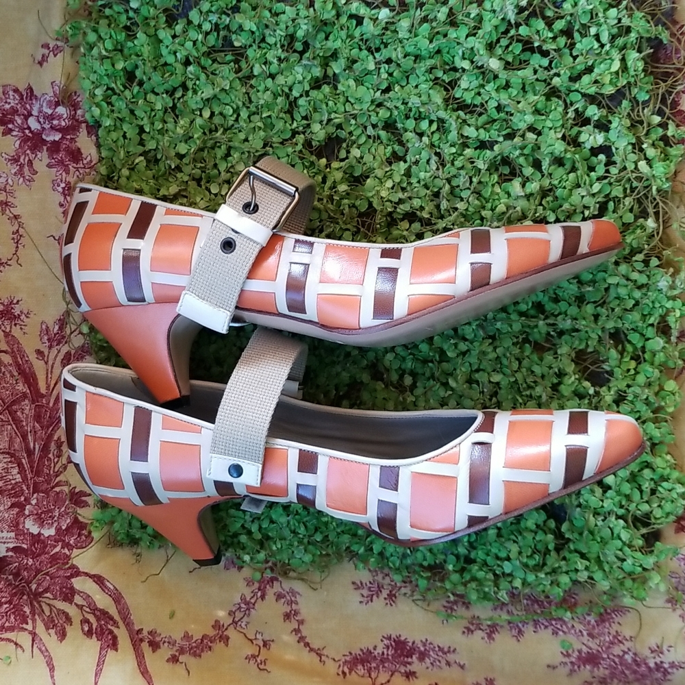 MIU MIU Y2k Orange Brown Basketweave Italy Leather Mary Janes Shoes 39 8.5 Euc - Picture 12 of 16
